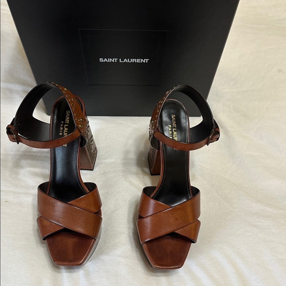 Saint Laurent Brown Studded Farrah Platform Sandals 40 - Picture 5 of 12